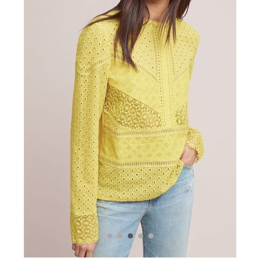 James Coviello Anthropologie Burnham Boho Lace Long Sleeve Top-Gold Yellow-Sz XS - Picture 4 of 10